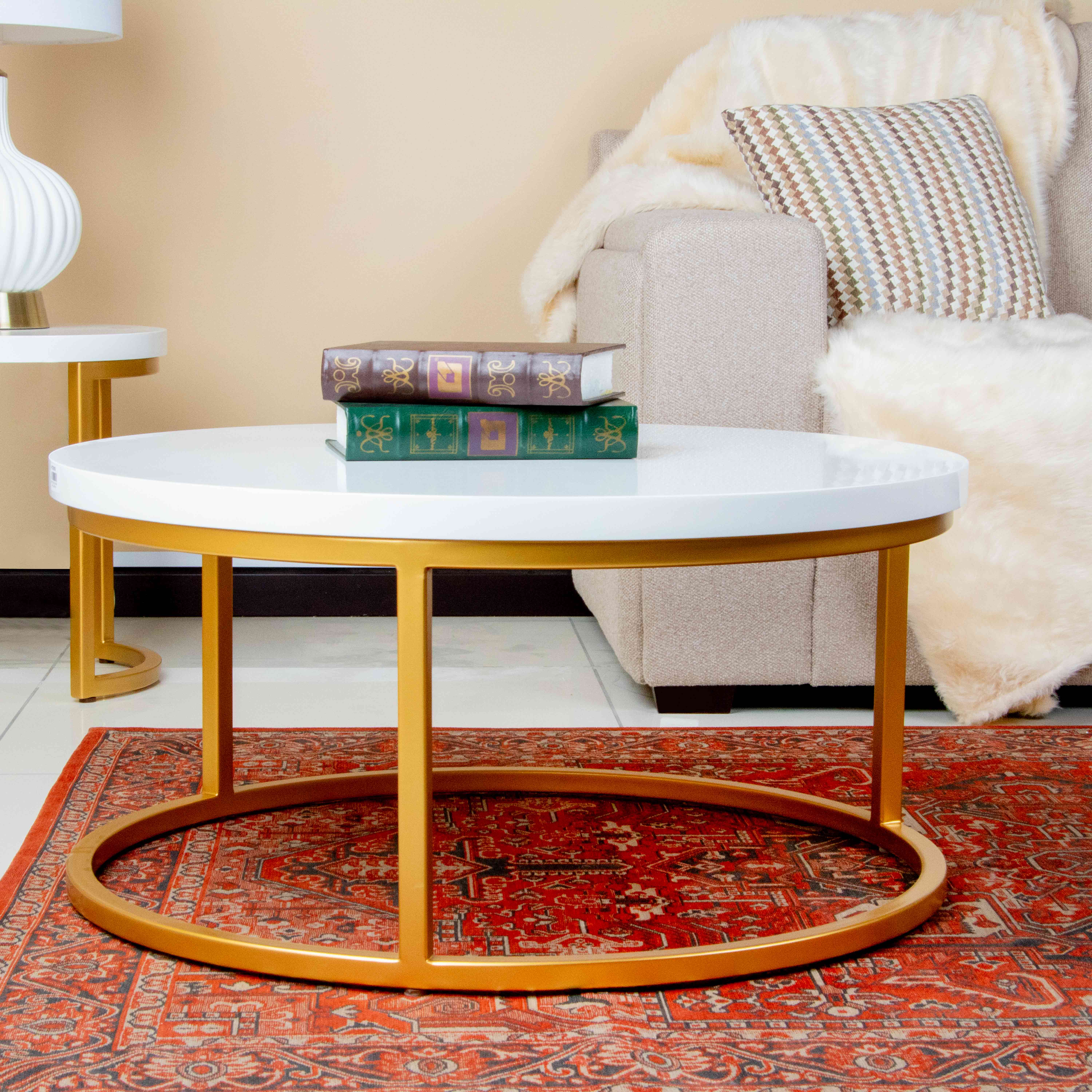 COFFEE TABLE 2003 DIA900-WHITE GLOSSY GOLD LEG