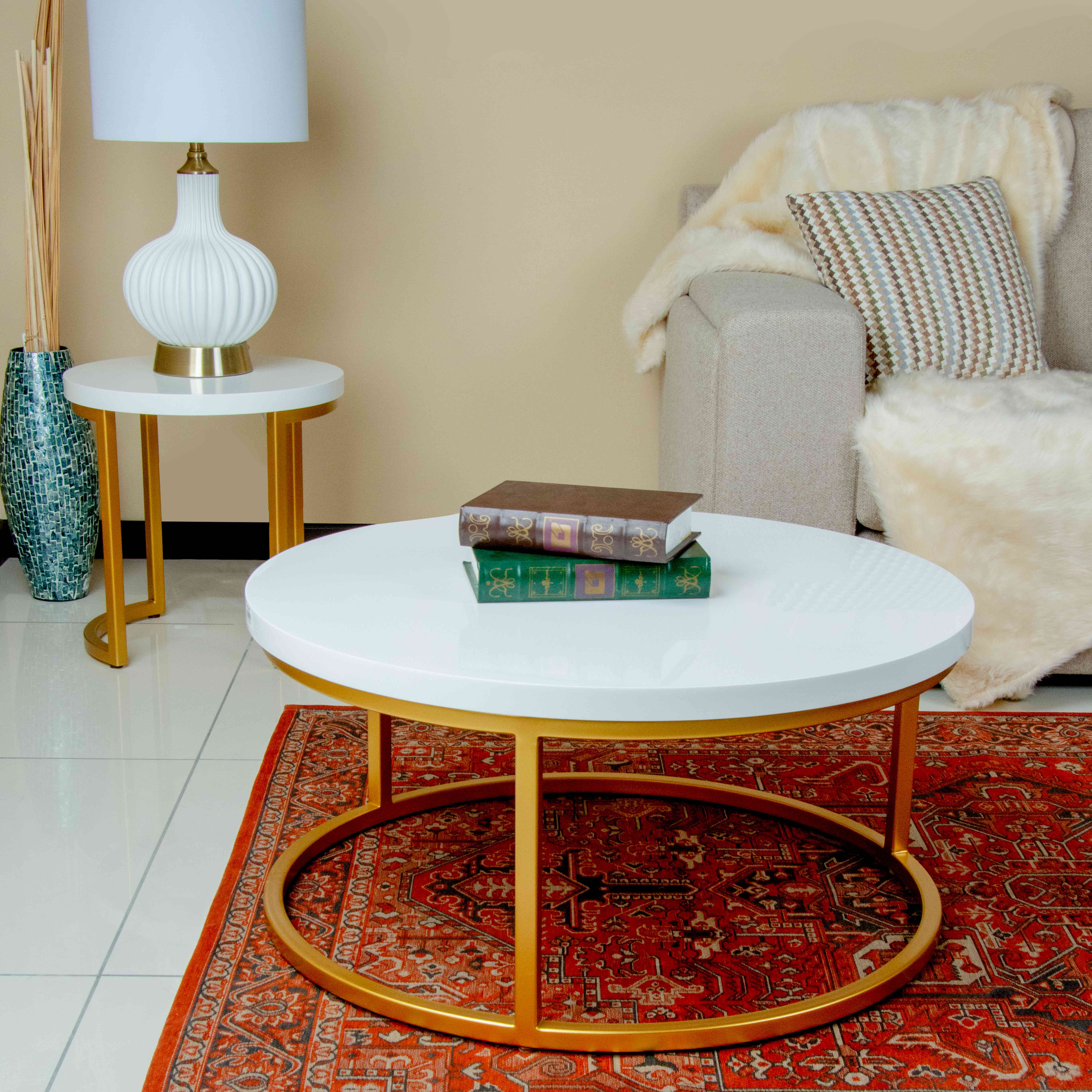 COFFEE TABLE 2003 DIA900-WHITE GLOSSY GOLD LEG