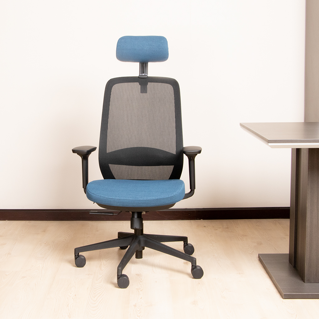 OL-02BHS H/B CHAIR COL MD 01 BLACKMESH WITH SEAT FE09 BLUE FABRIC