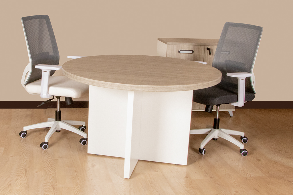 3KC02-1200 ROUND CONFERENCE TABLE 120 DIA TEAK 22+WHITE