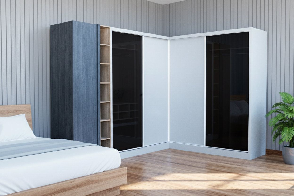 L SHAPE WARDROBE 1300 -L3100+2500H2300MM METALLIC GREY+ROMANCE ATLAS+AZABACHE