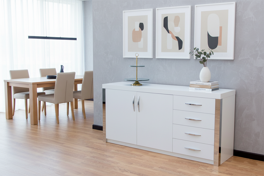 BUFFET TABLE 2018   L1800XW460XH840MM W-WHITE GLOSSY-SSLVR