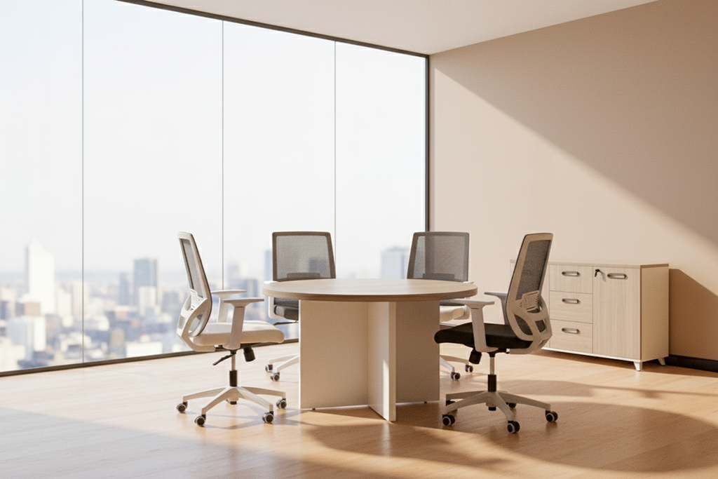 3KC02-1200 ROUND CONFERENCE TABLE 120 DIA TEAK 22+WHITE