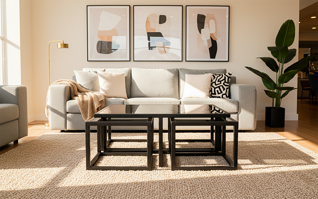 COFFEE TABLE 2012 (1+4) W1000XD1000XH400MM MSSTEEL BLACK GRAY GLASS