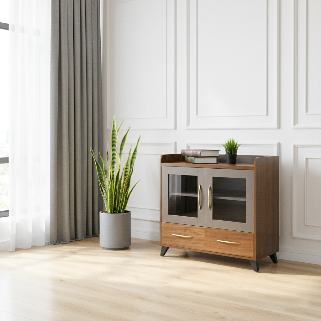 83E308 TEA CABINET WALNUT+GREY