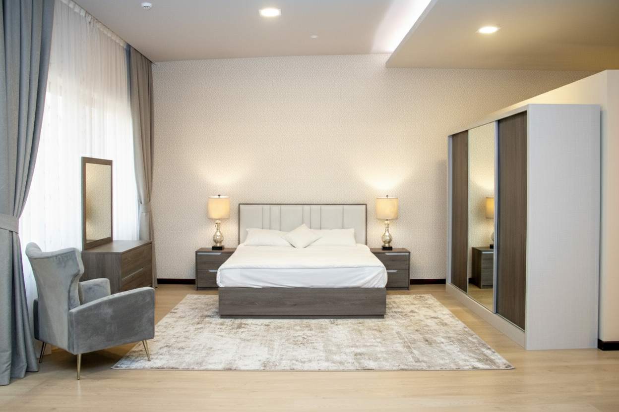 BED ROOM SET WITH OUT METTRESS  (WARDROBE + BED 8007  W1800XL2000XH1200 + BED SIDE TABLE + DRESSING TABLE)